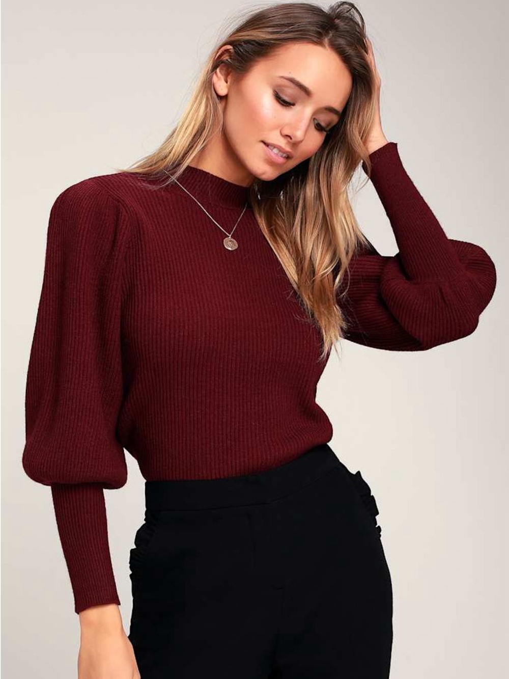 Burgundy Balloon Sleeve Sweater